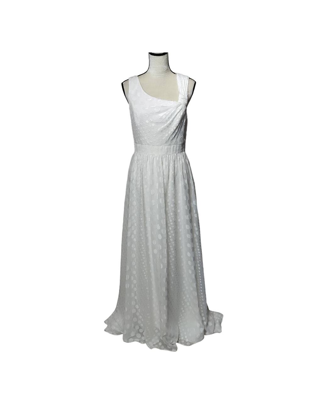 NWT Aidan Mattox Sz 10 White Dot Print Asymmetrical Wedding Dress Full Length